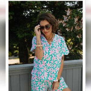 Smash + Tess Pink and Green Retro 2pcs Floral Top And Floral Short Set 3X